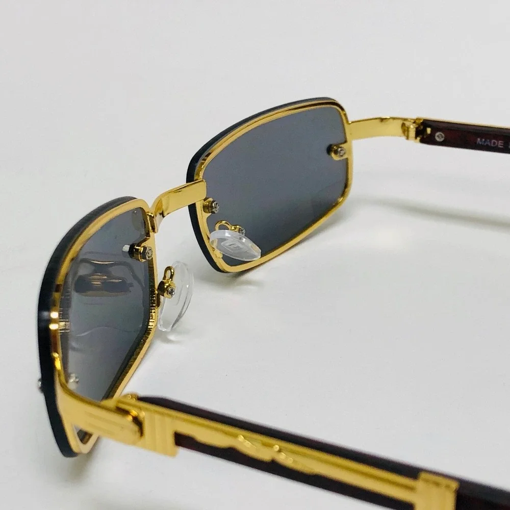 Rimless Rectangle Sunglasses Gold Frame Wood Arms Vintage Style‎ Fashion Lentes